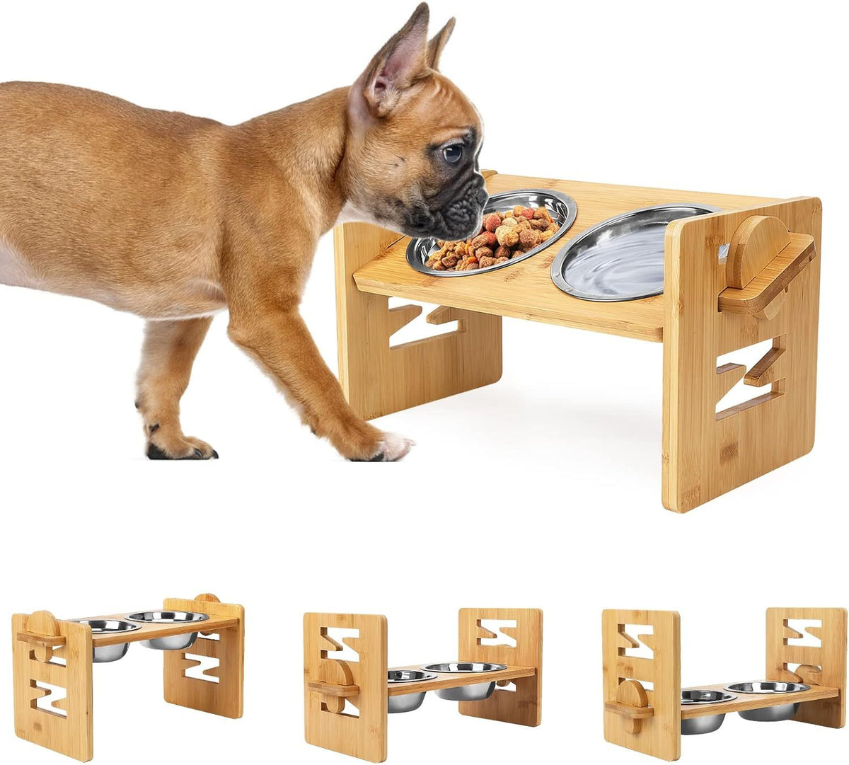 Raised bamboo feeder with two stainless steel bowls