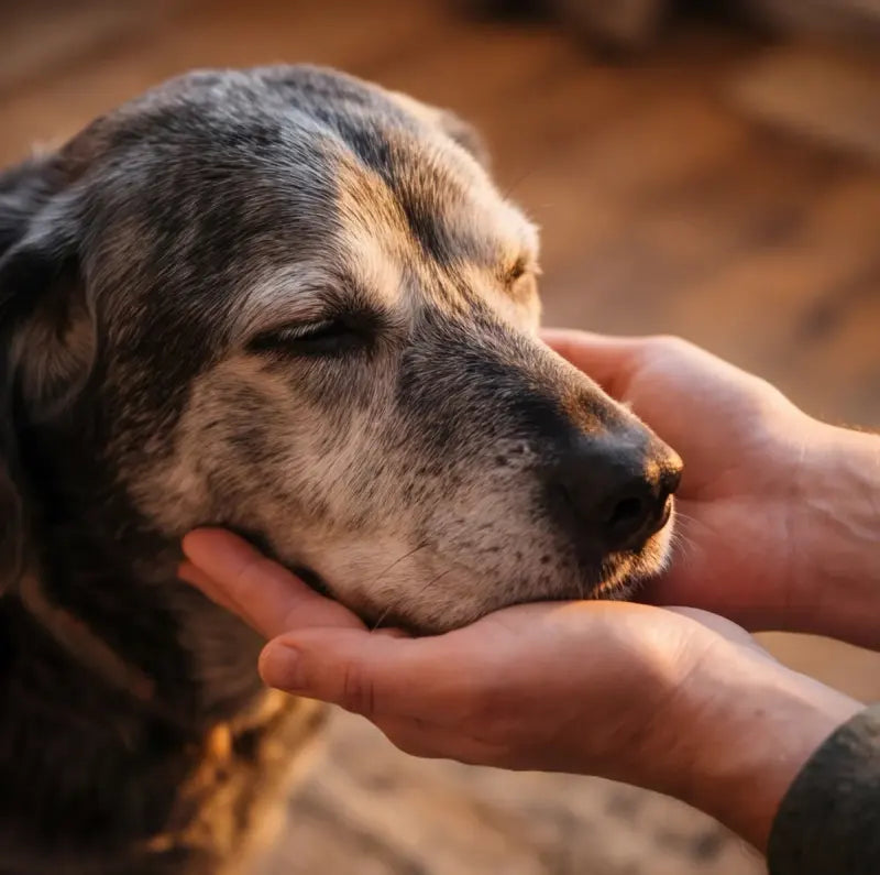 An old dog resting its grey muzzle in its owner's hands