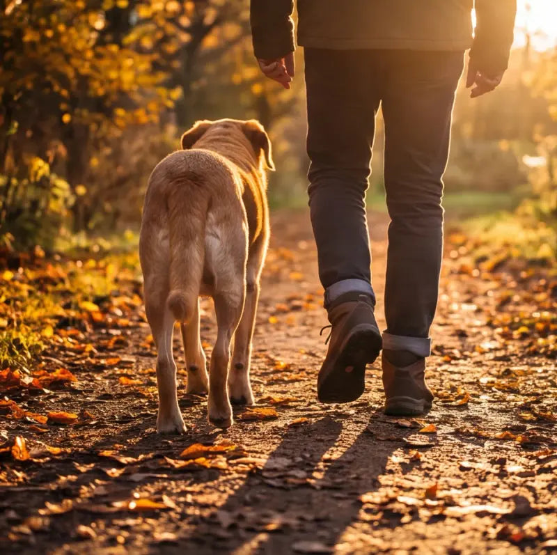 An old dog walking beside its owner on an autumn path