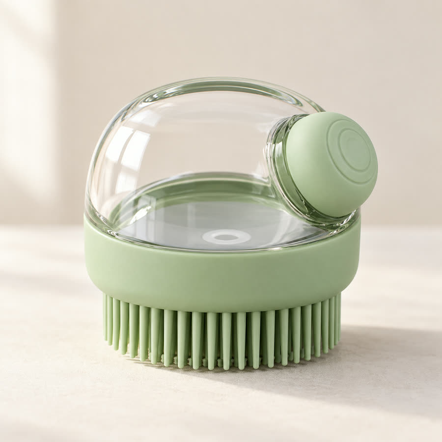 The Easy Bath Brush in sage green, a silicone bath brush with a refillable shampoo dome