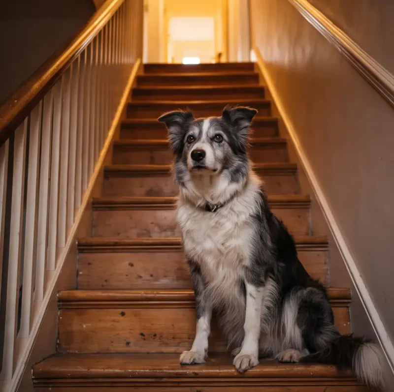 An old border collie on the stairs, looking up toward the light