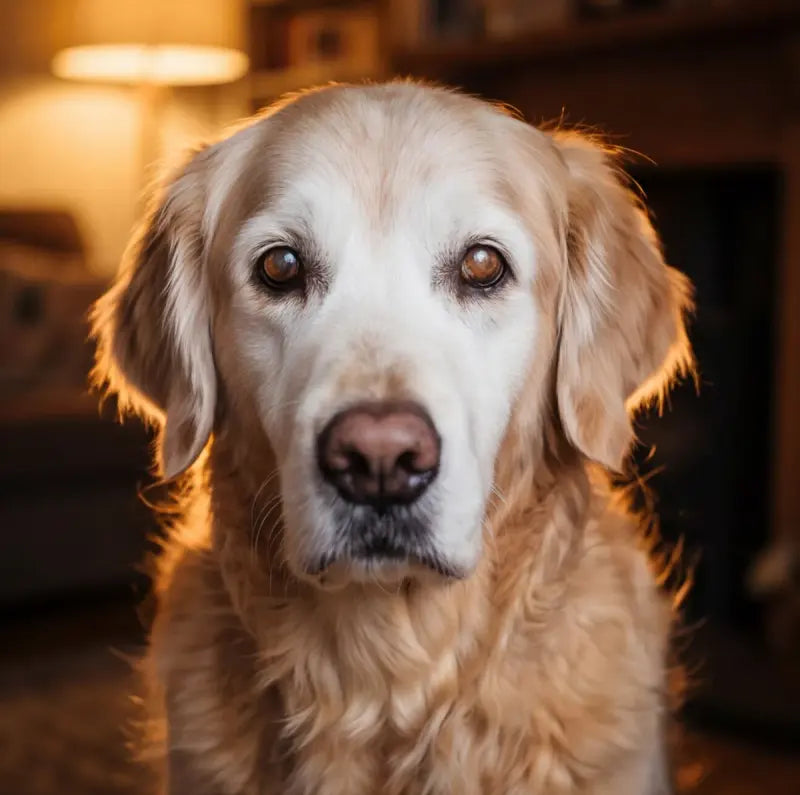 An old golden retriever with a white face looking up