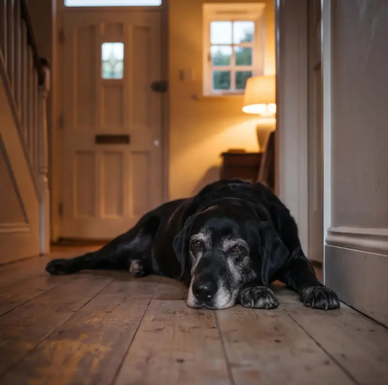 An old black Labrador lying by the front door, waiting