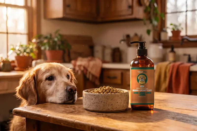 An old golden retriever rests its chin on the table beside its dinner and a bottle of Yukari Pets Brain + Joint Care oil